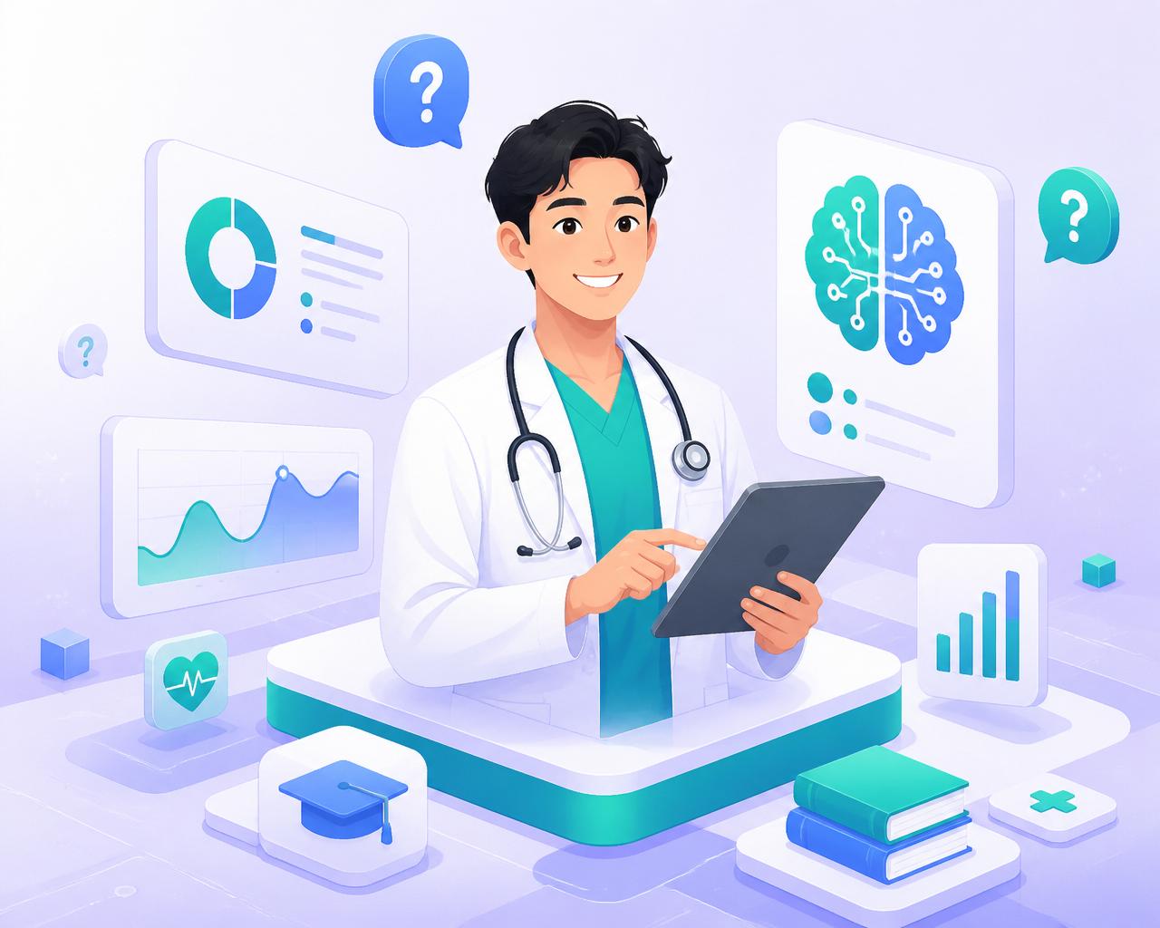 Ilustrasi dokter dengan AI tutor untuk UKMPPD